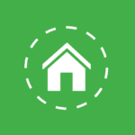 White vector graphic of home with a dashed circle around it on green background. 